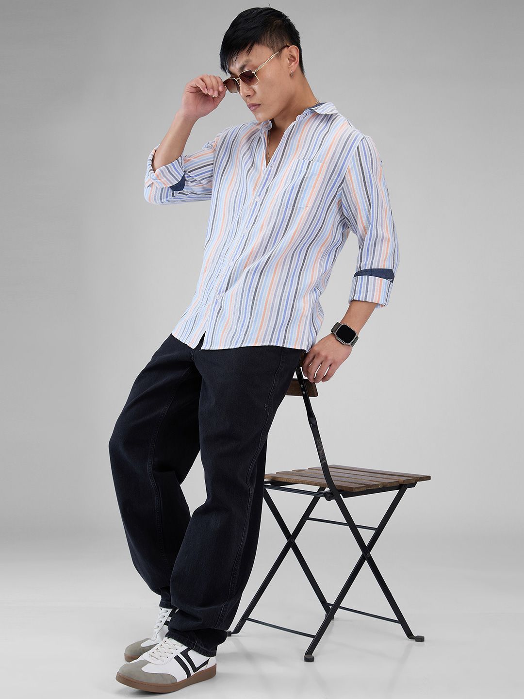 VASTRADO Men Classic Cutaway Collar Vertical Striped Cotton Slim Fit Casual Shirt