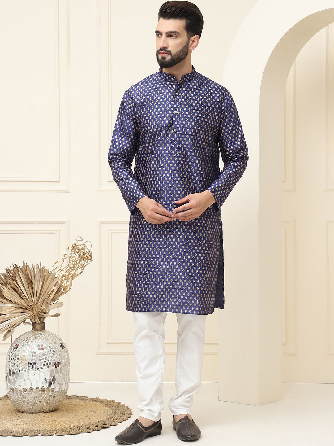 SOJANYA Ethnic Motifs Printed Cotton Silk Regular Kurta With Pyjama