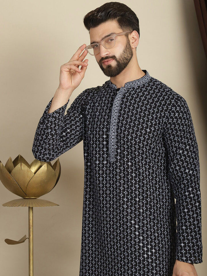 Anouk Floral Woven Design Mandarin Collar Thread Work Cotton Kurta