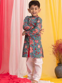 VASTRAMAY Boys Floral Printed Band Collar Regular Pure Cotton Kurta Set