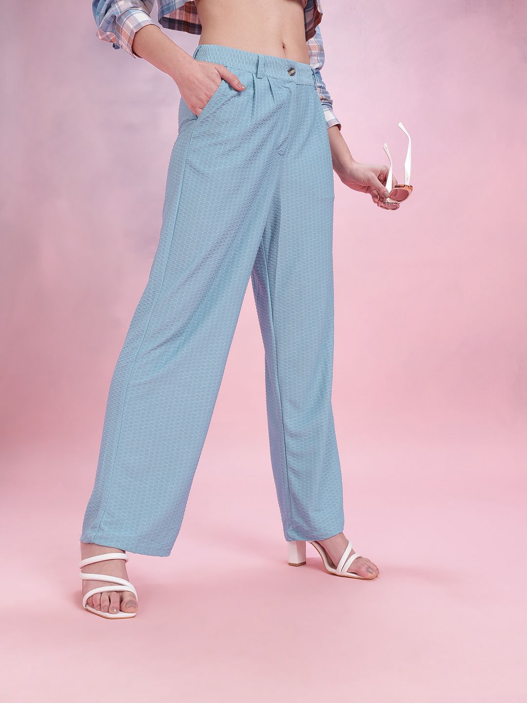 DressBerry Women Geometric Textured Pleated Detail Flared Fit Wide Leg Trousers