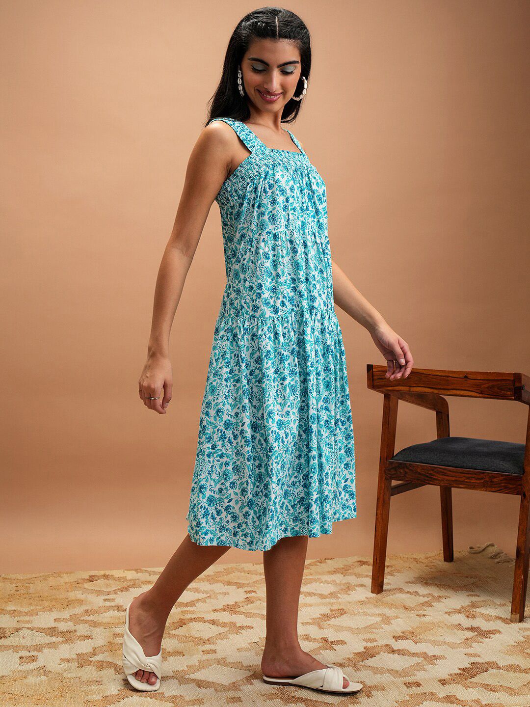 Vishudh Blue Floral Printed Smocked Tiered A-Line Midi Dress