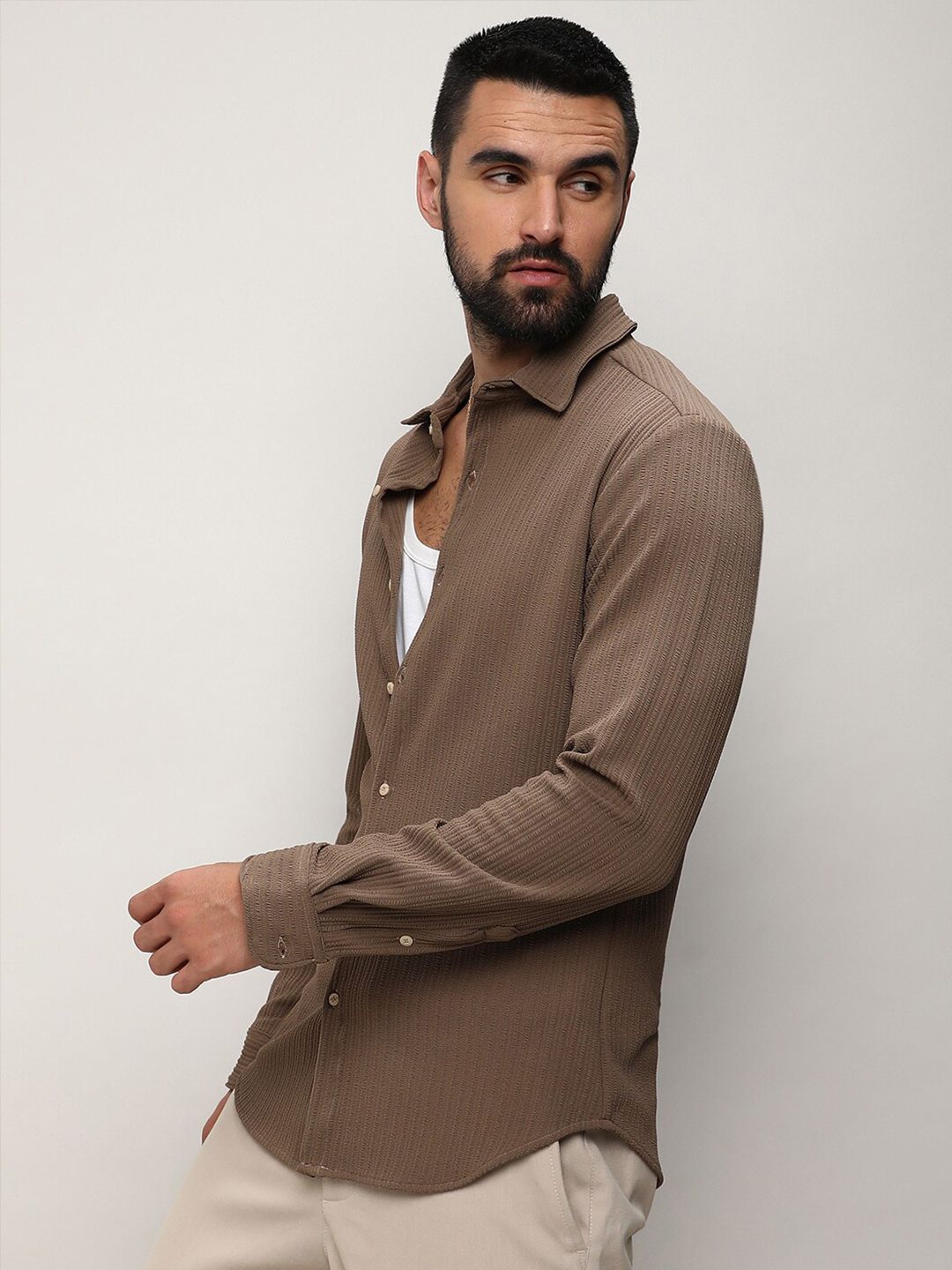 Campus Sutra Classic Self Design Spread Collar Casual Shirt