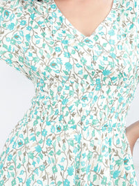 Bani Women Floral Printed V-Neck Smocked A-Line Midi Dress