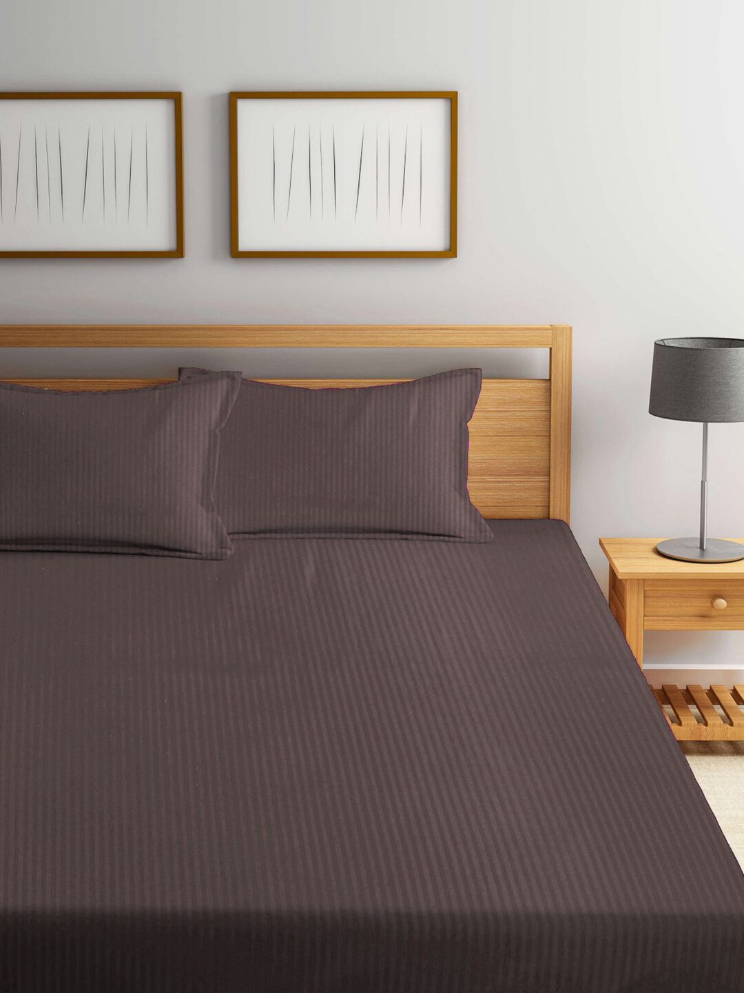 KLOTTHE Brown Striped Cotton 300 TC Fitted Super King Fine Bedsheet with 2 Pillow Covers-270 x 270 cm