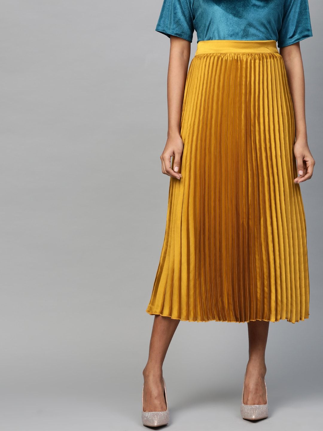 SASSAFRAS Mustard Yellow Accordion Pleated Satin Finish Flared Midi Skirt