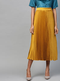 SASSAFRAS Mustard Yellow Accordion Pleated Satin Finish Flared Midi Skirt