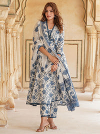KALINI Floral Printed Anarkali Pure Cotton Kurta with Trousers & Dupatta