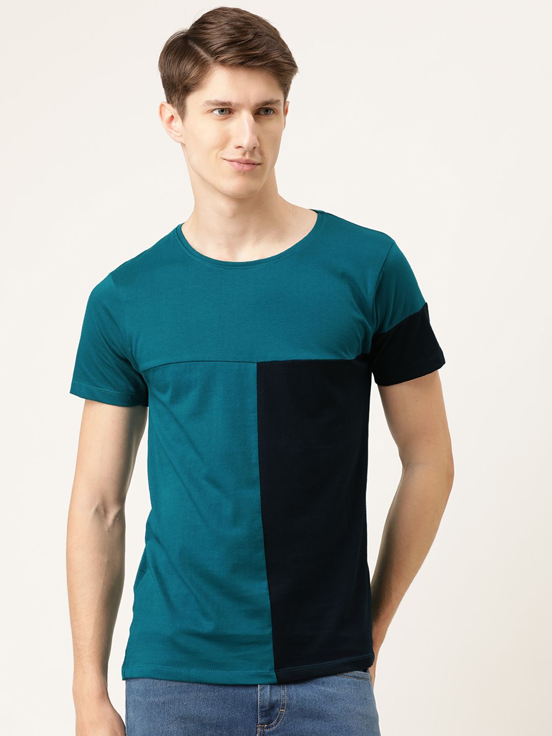 The Indian Garage Co Men Teal Blue  Navy Blue Colourblocked Round Neck T-shirt