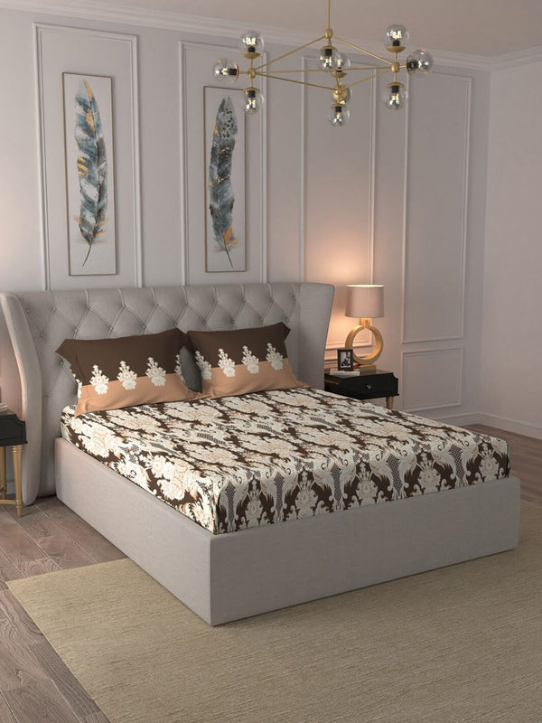 MYTRIDENT Brown  White Ethnic Motifs Cotton 144 TC Queen Bedsheet With 2 Pillow Covers