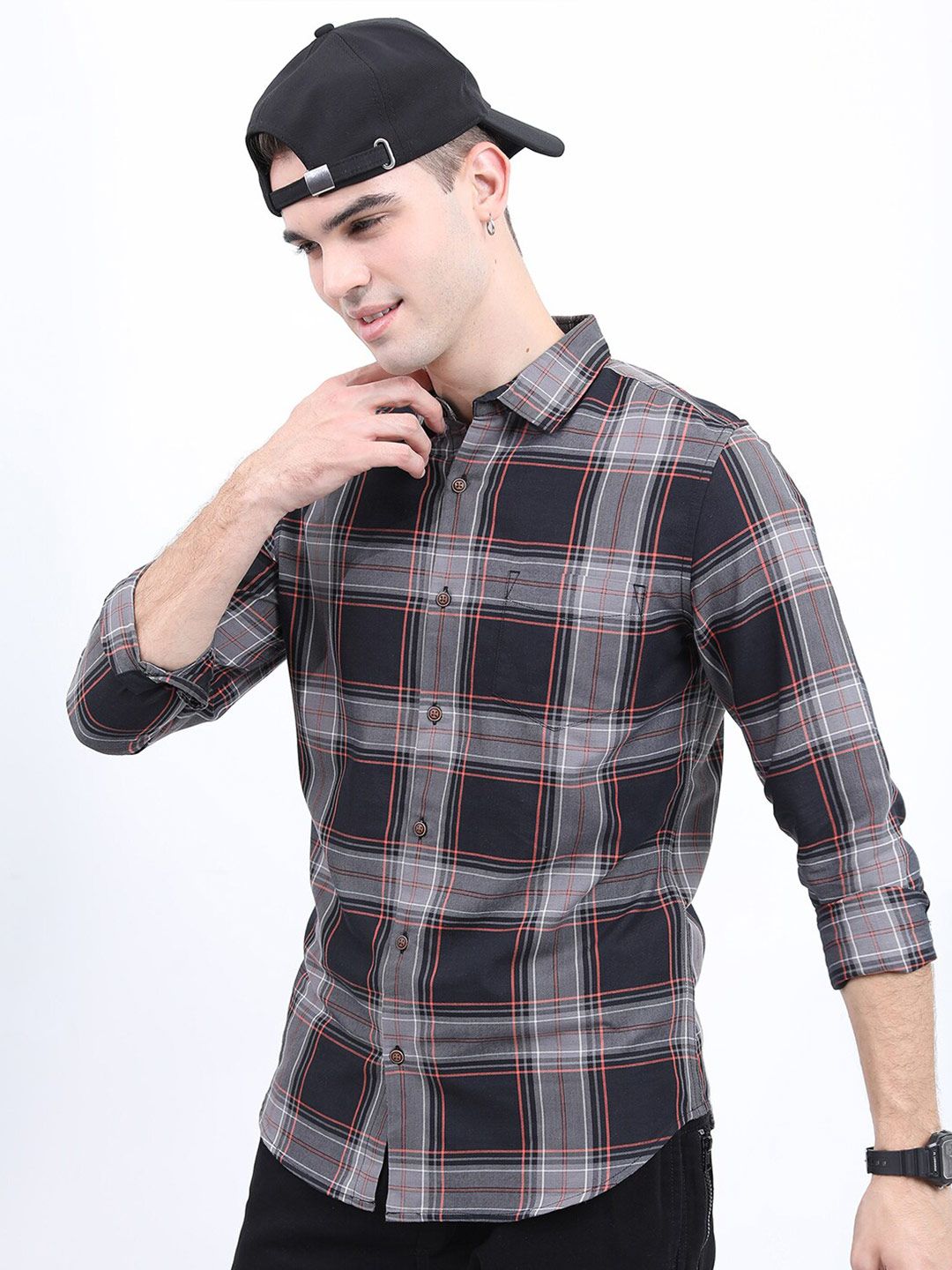 HIGHLANDER Men Slim Fit Tartan Checked Casual Cotton Shirt