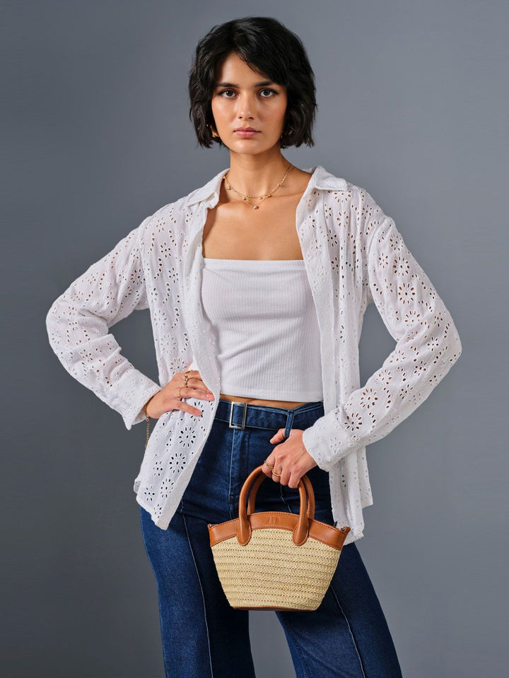 AND Shirt Collar Long Cuffed Sleeves Self design Longline Top