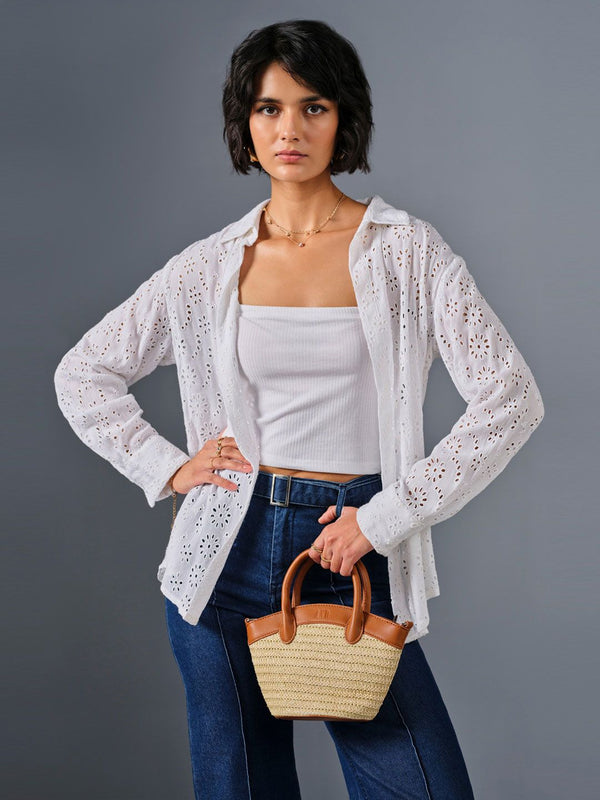 AND Shirt Collar Long Cuffed Sleeves Self design Longline Top