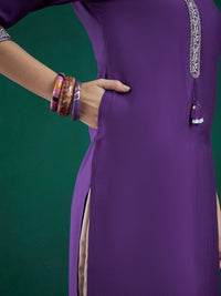 Indo Era Purple Ethnic Motifs Yoke Design Thread Work Chanderi Silk Straight Kurta