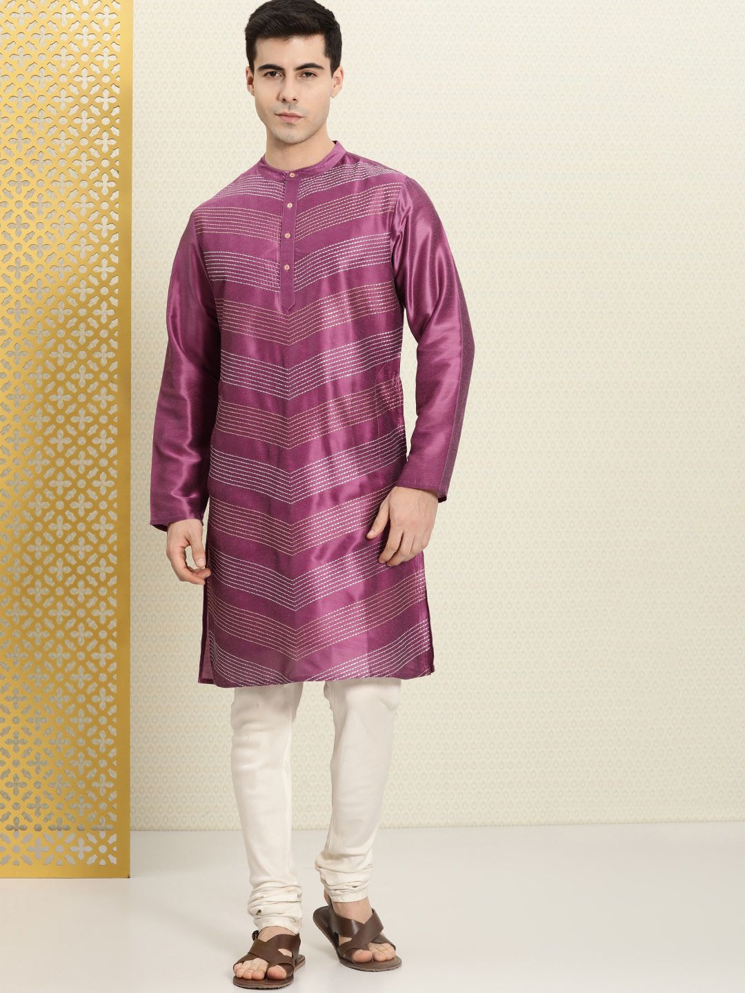 House of Pataudi Men Striped Band Collar Straight Rozana Kurta