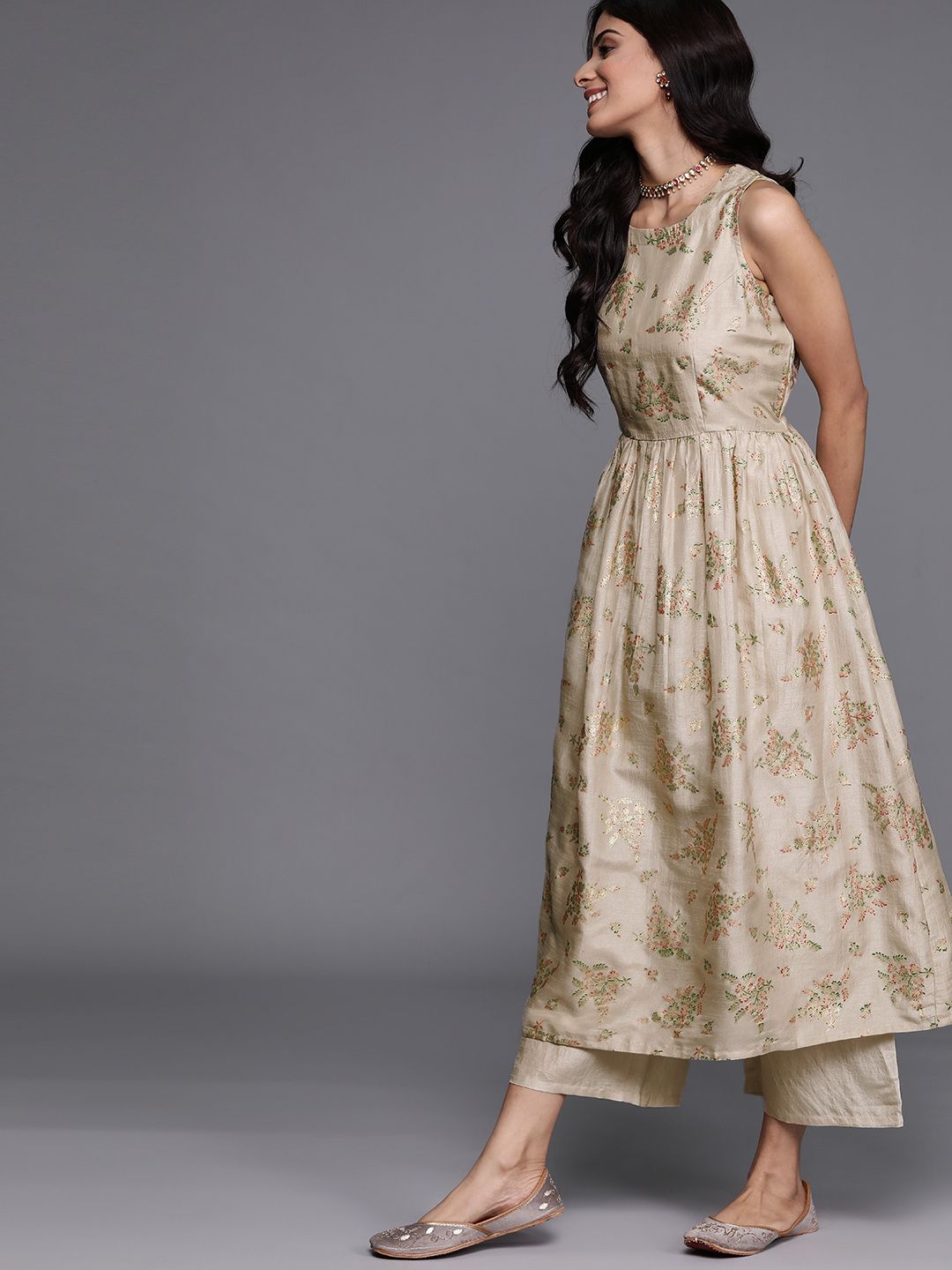 Libas Women Beige Floral Printed Regular Kurta with Palazzos & With Dupatta
