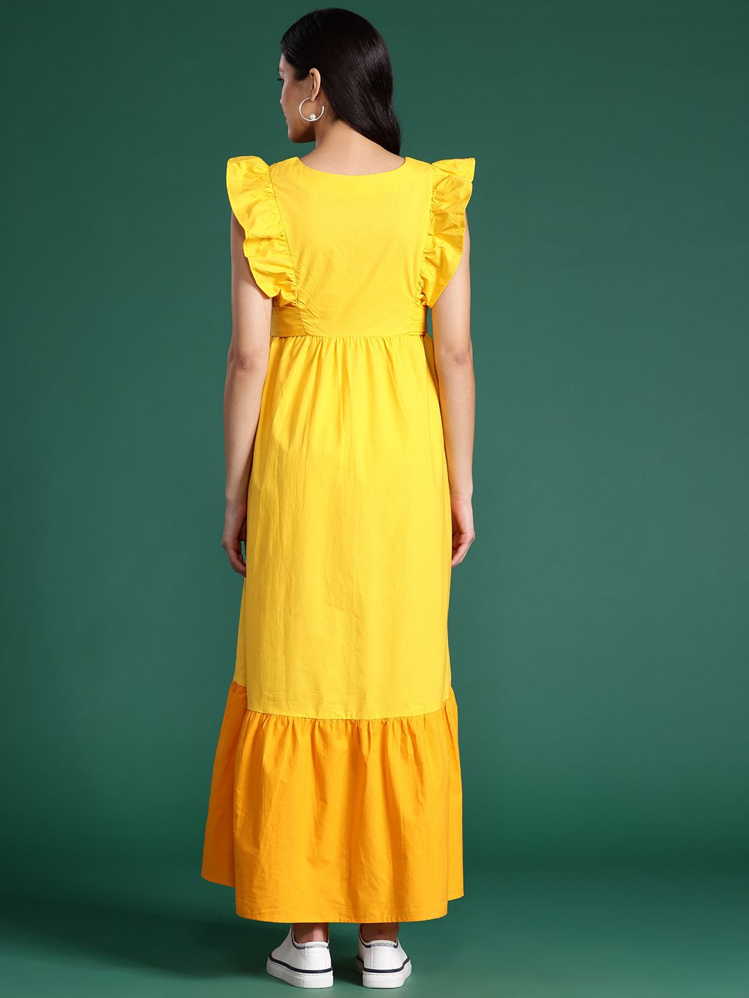 DressBerry Pure Cotton Colourblocked Ruffled Tiered Fit & Flare Maxi Dress with Bow Detail