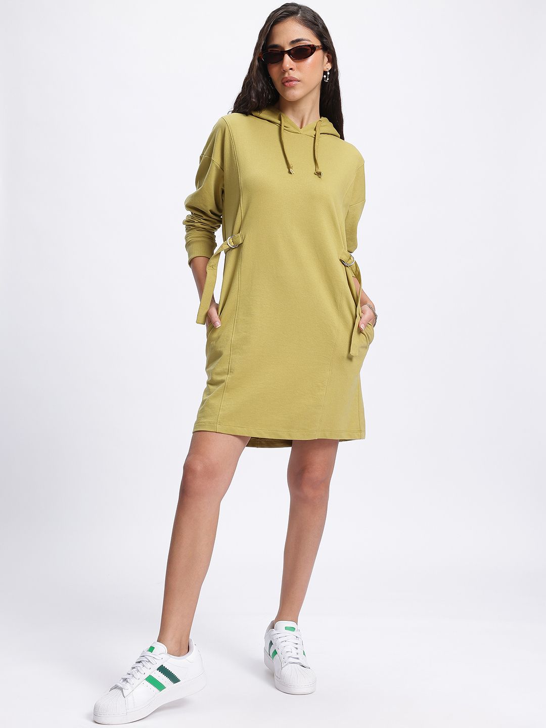 DressBerry Utility Weave Belted Hooded Sweatshirt Dress