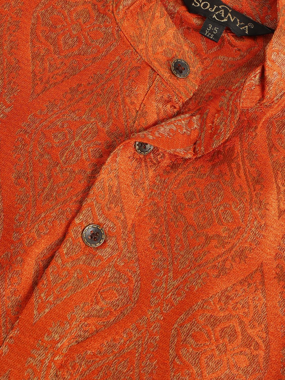SOJANYA Boys Orange & Brown Ethnic Motifs Woven Design Jacquard Weave Band Collar Kurta