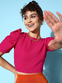 Berrylush Pink Crepe Puff Sleeves Styled Back Crop Top