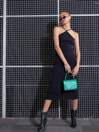 SASSAFRAS Black Halter Neck Bodycon Midi Dress