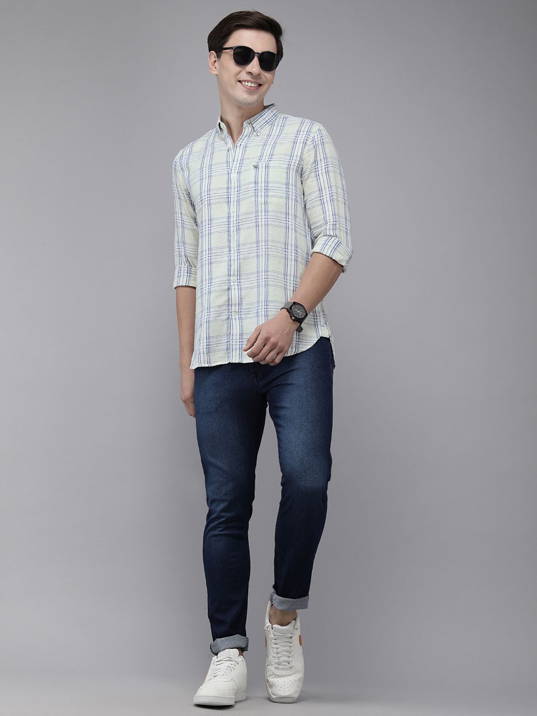 THE BEAR HOUSE Men Cream-Coloured Tartan Checked Pure Cotton Slim Fit Casual Shirt