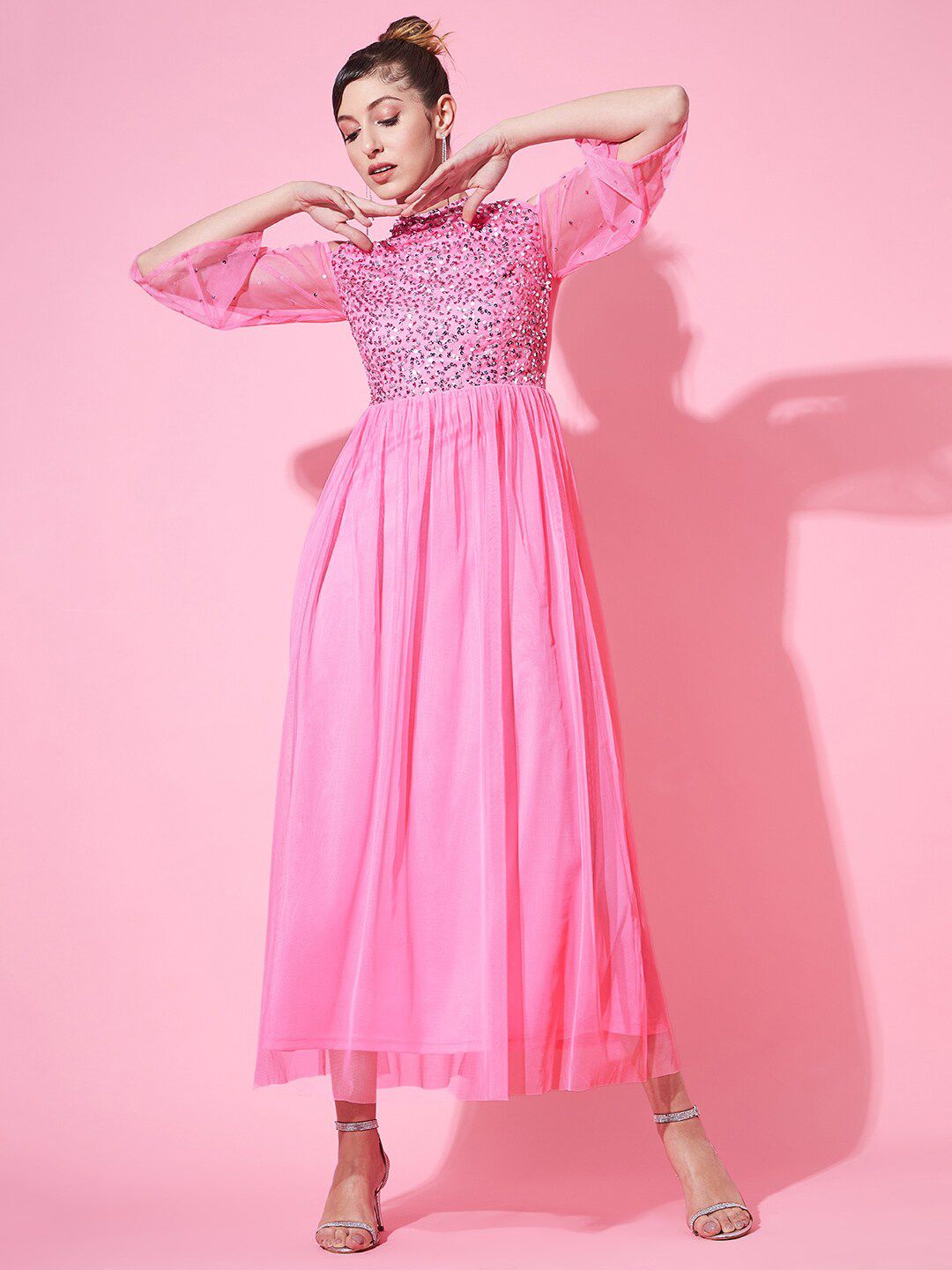 STREET 9 Women Floral Halter Neck Net Maxi Dress