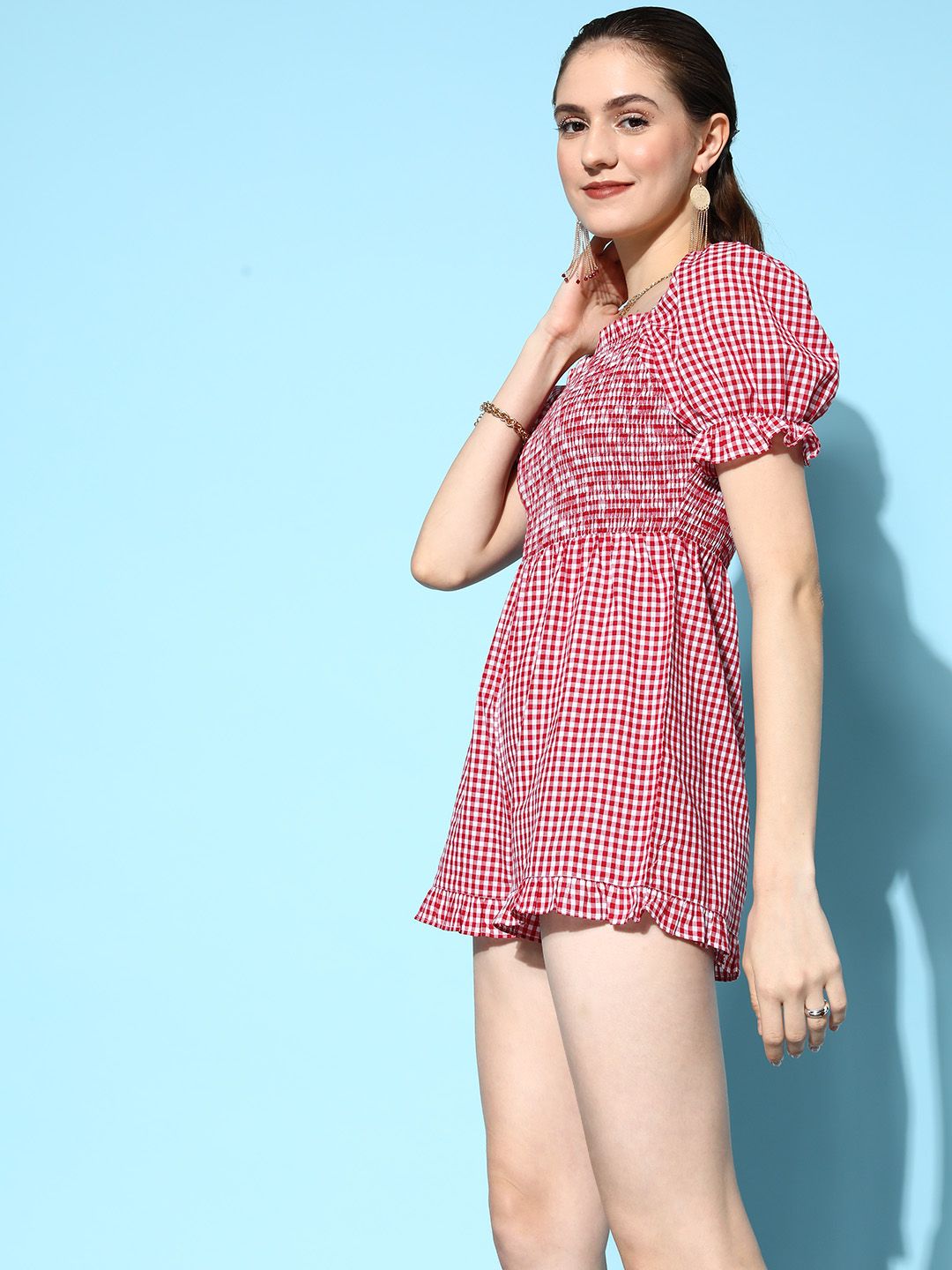 Berrylush Women Classic Red Checked Ruffled Jumpsuit