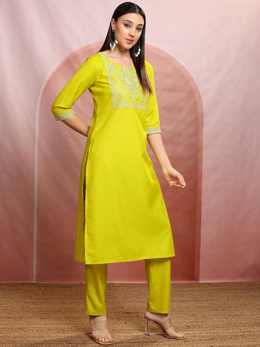 Vishudh Lime Green Floral Yoke Design Thread Work Straight Kurta With Trousers & Dupatta