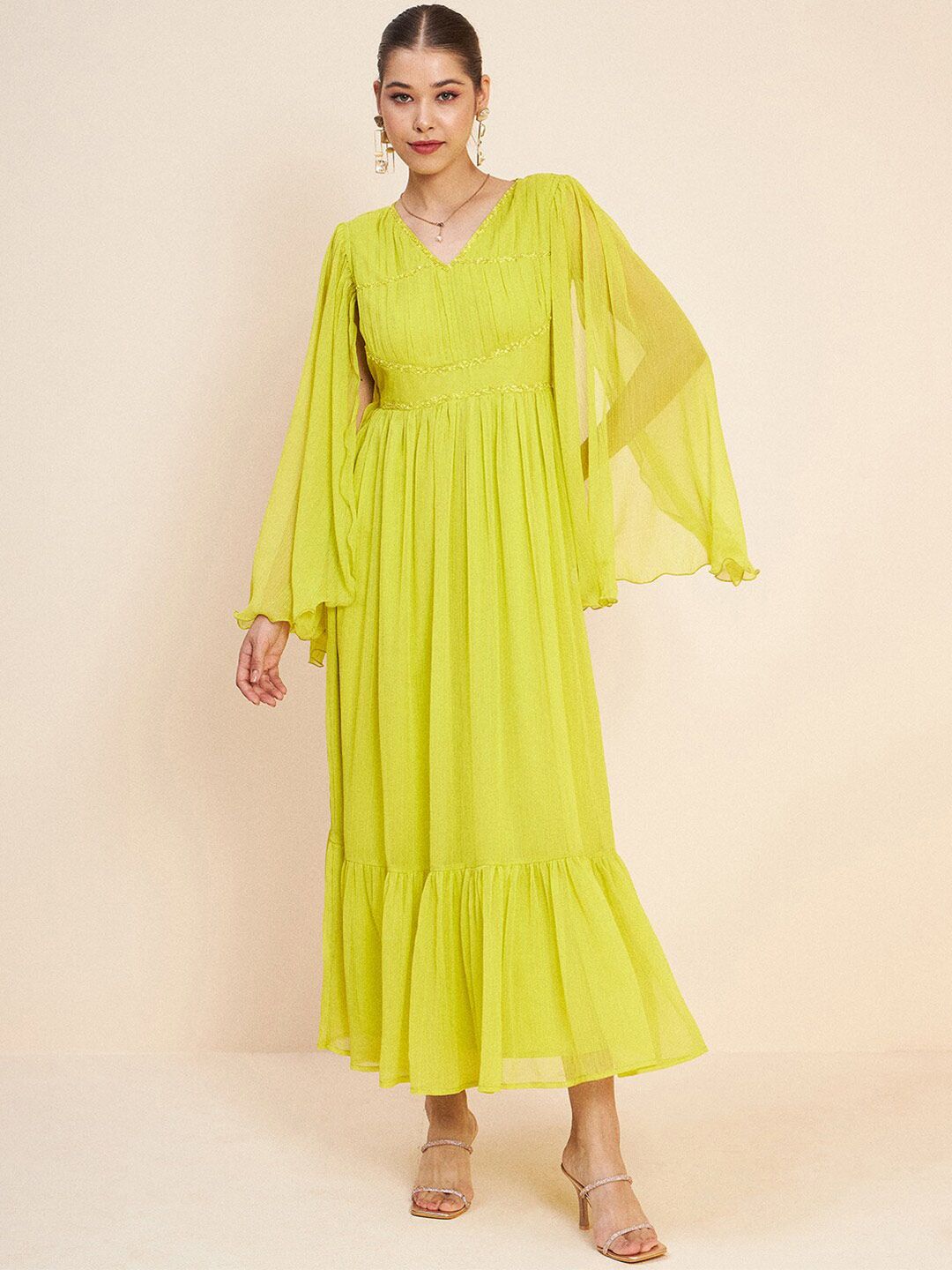Antheaa Green V-Neck Slit Sleeves Embellished Detail Maxi Dress