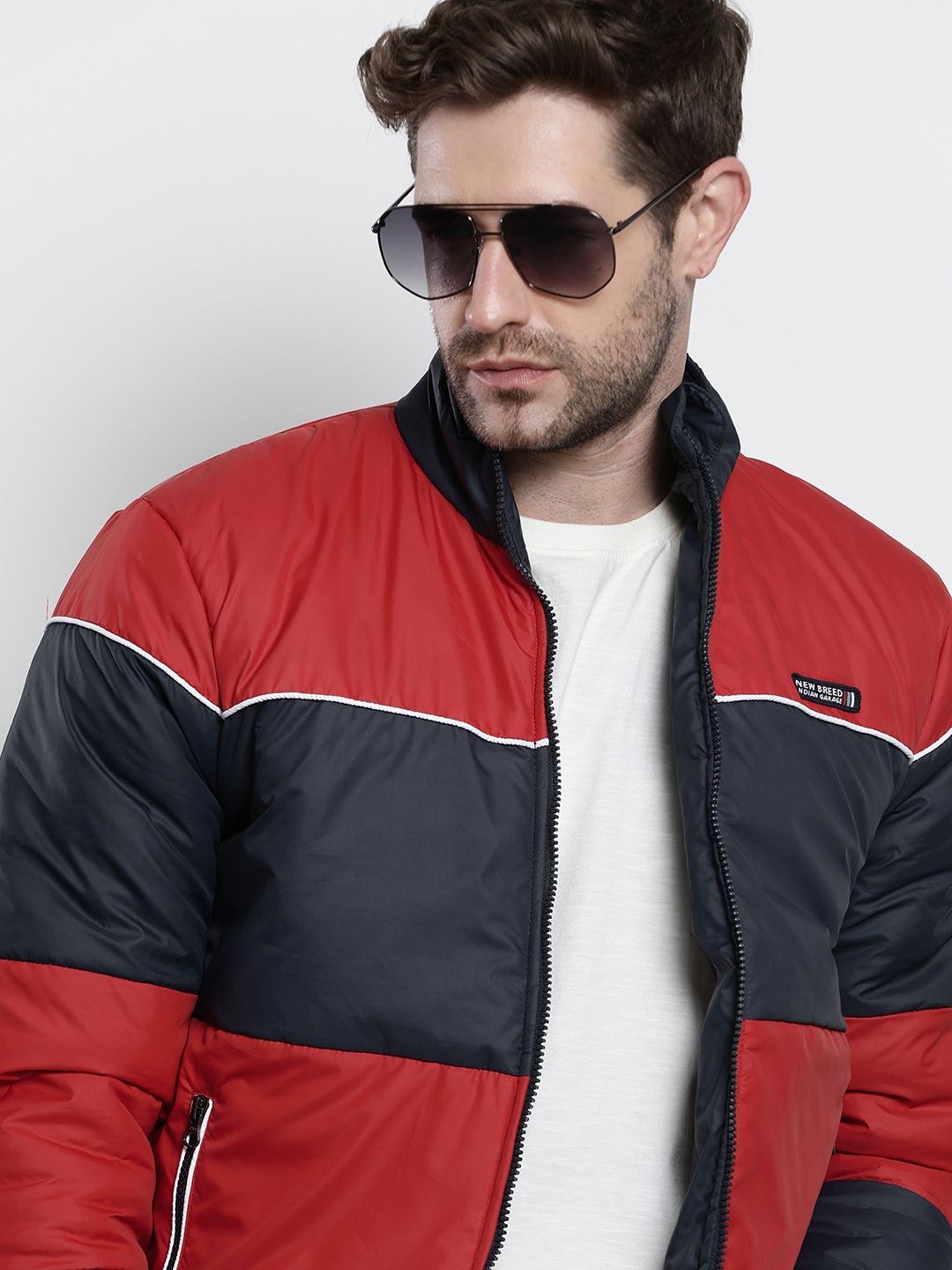 The Indian Garage Co Men Navy Blue & Red Colourblocked Jacket
