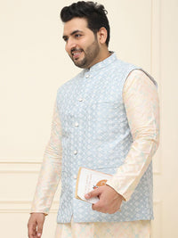 SOJANYA PLUS Lelaki Plus Saiz Sulam Jaket Nehru Kolar Mandarin