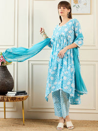 Indo Era Floral Printed A-Line Mirror Work Pure Cotton Kurta with Trousers & Dupatta