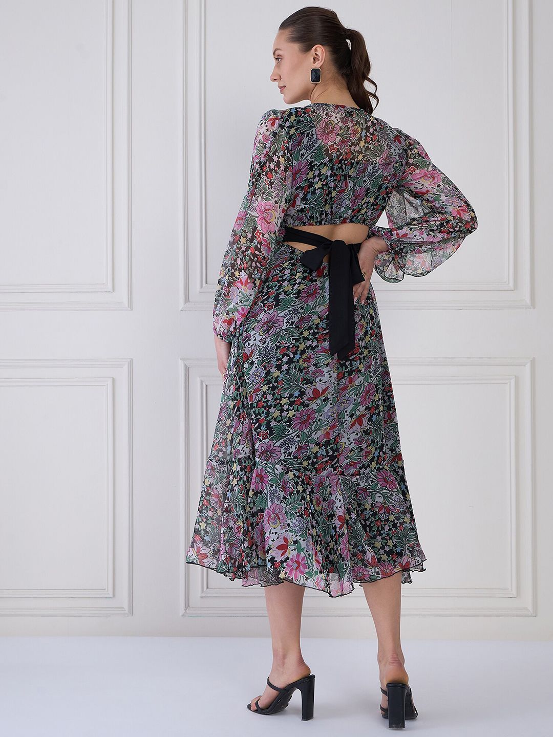 Antheaa Floral Print Chiffon Midi Fit and Flare Dress