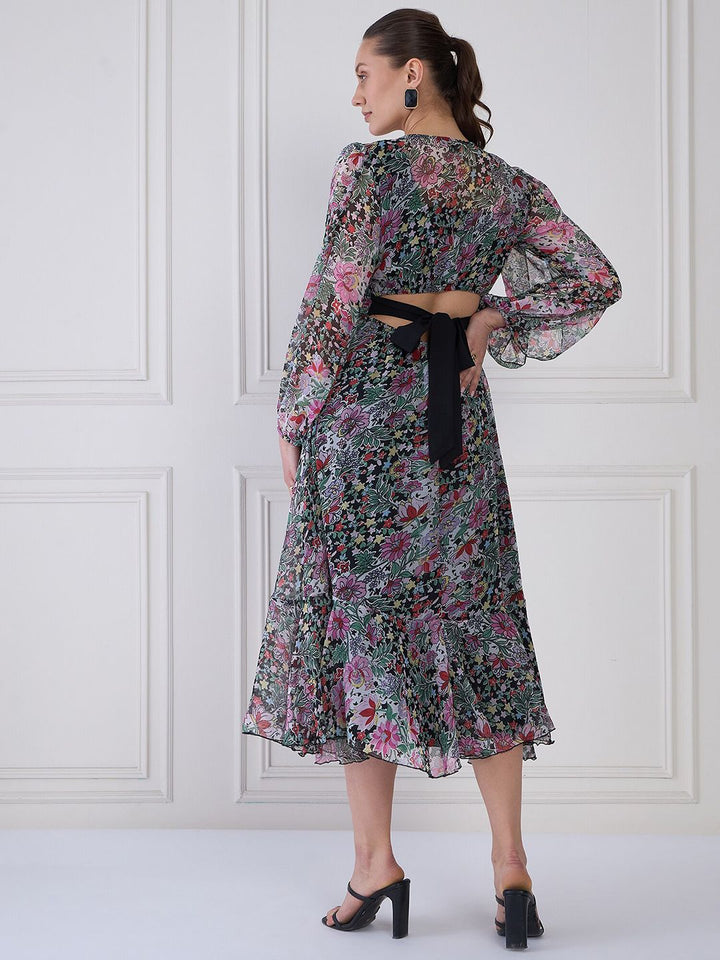 Antheaa Floral Print Chiffon Midi Fit and Flare Dress