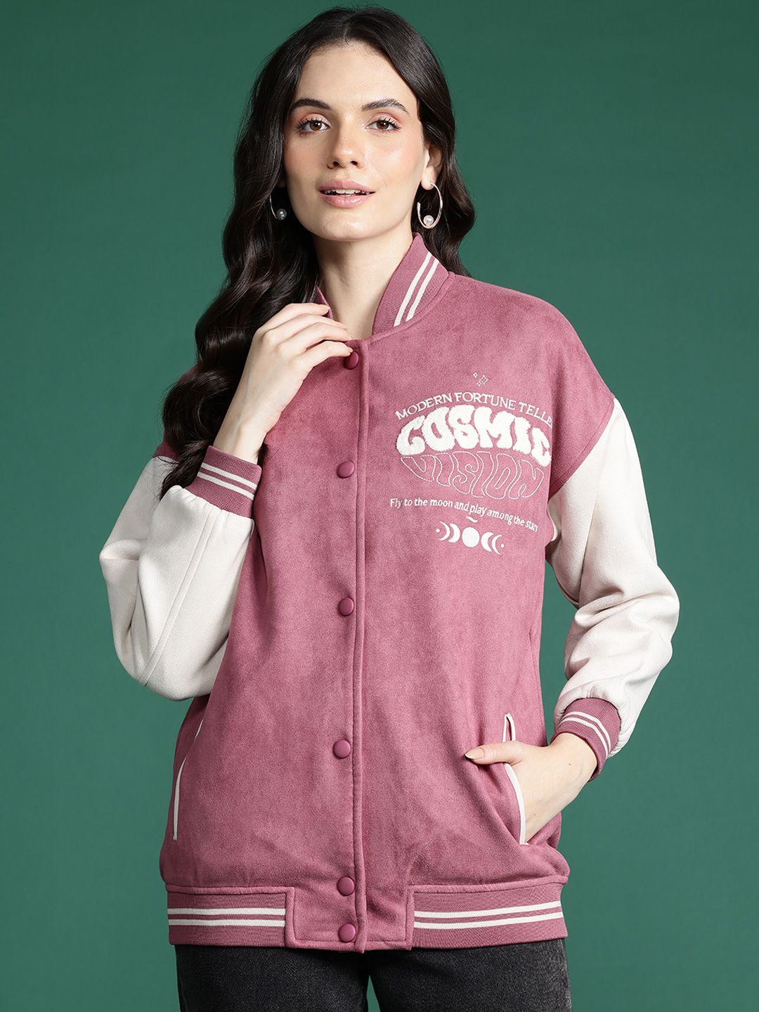 DressBerry Typography Colourblocked Varsity Jacket