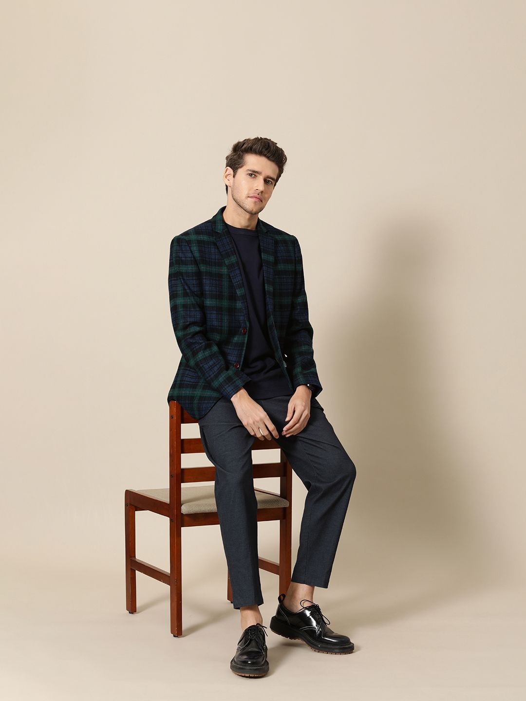 Mr Bowerbird Men Green And Navy Blue Checked Single Breasted Tailored Fit Tweed Blazer