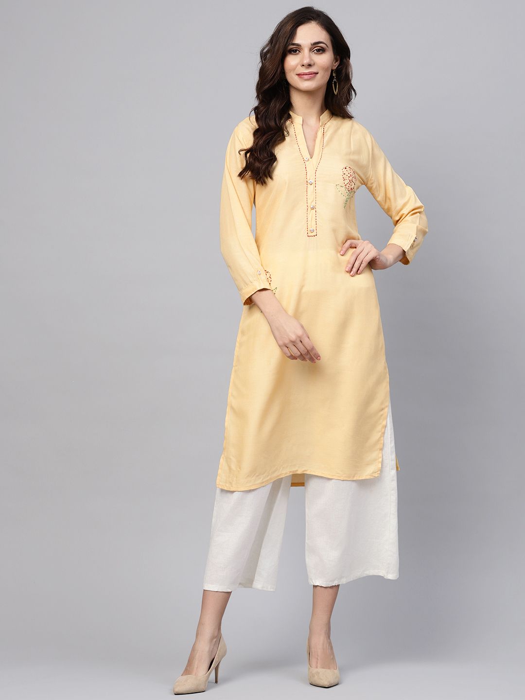 SOJANYA Perempuan Kuning Solid Kurta Lurus