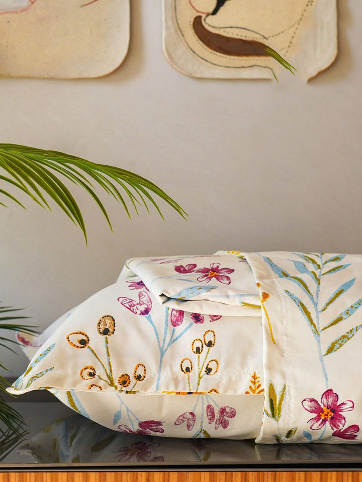 URBAN SPACE Yellow & White Floral Cotton 200 TC Single Bedsheet with 1 Pillow Covers