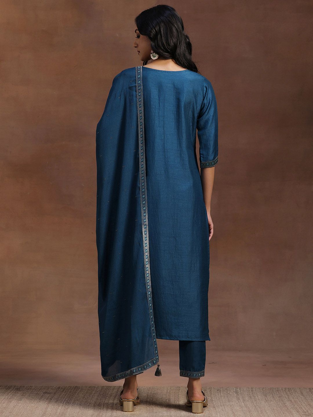 Libas Women Teal Blue & Gold Ethnic Motifs Zari Straight Kurta with Trousers Dupatta