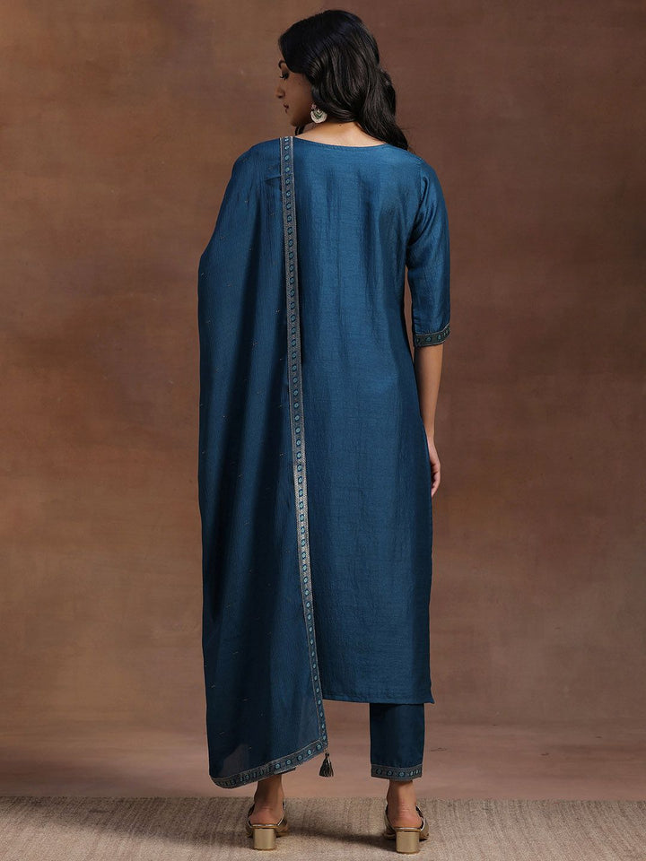 Libas Women Teal Blue & Gold Ethnic Motifs Zari Straight Kurta with Trousers Dupatta