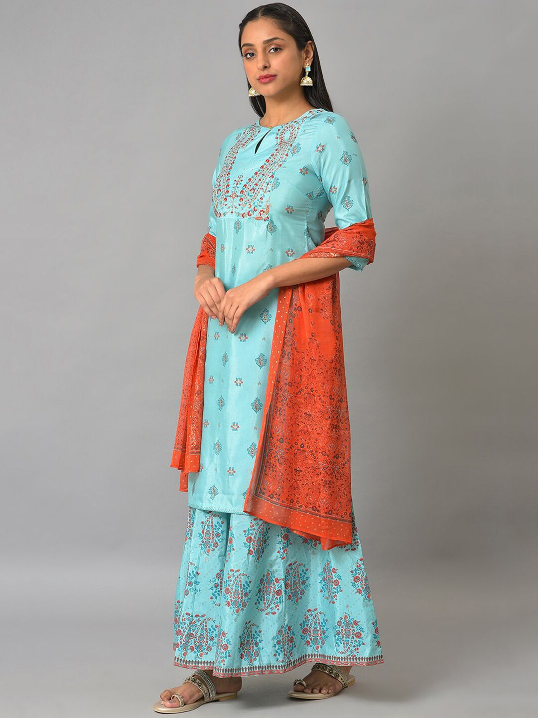 W Women Festive Floral Print Shantung Kurta With Cullote & Dupatta