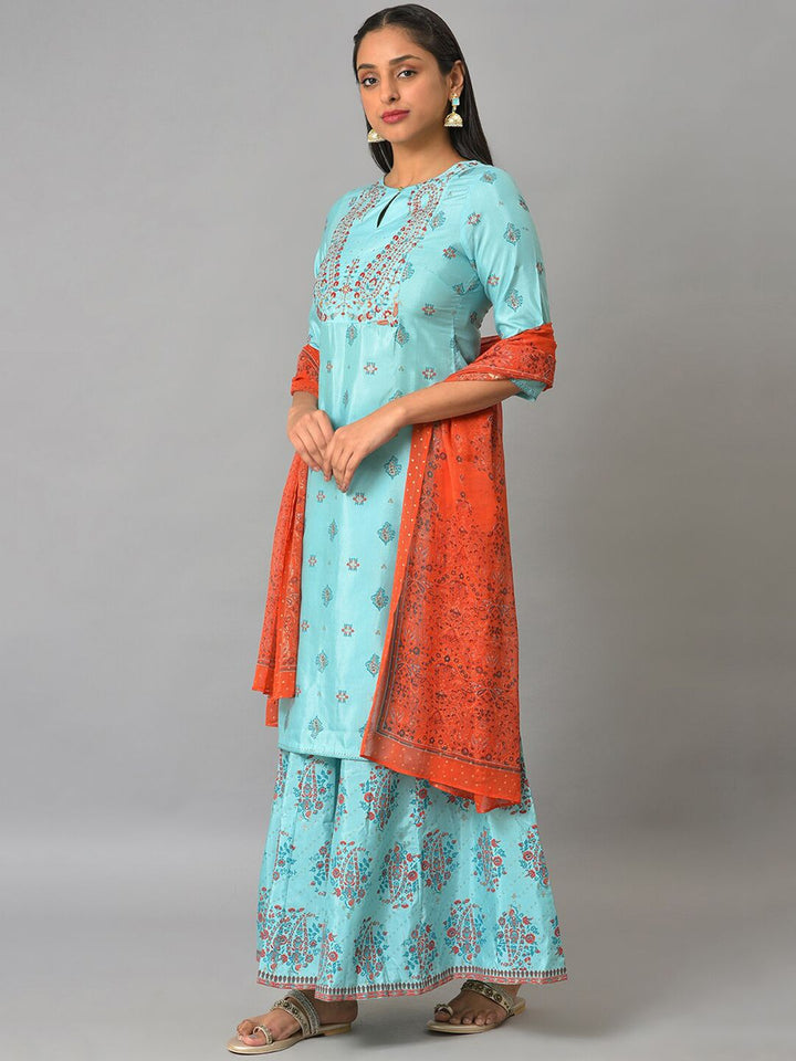 W Women Festive Floral Print Shantung Kurta With Cullote & Dupatta