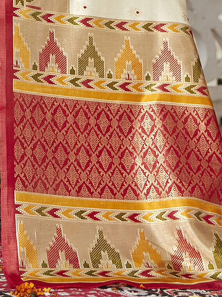 Saree mall Off White & Red Floral Zari Silk Blend Banarasi Sarees