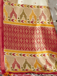 Saree mall Off White & Red Floral Zari Silk Blend Banarasi Sarees