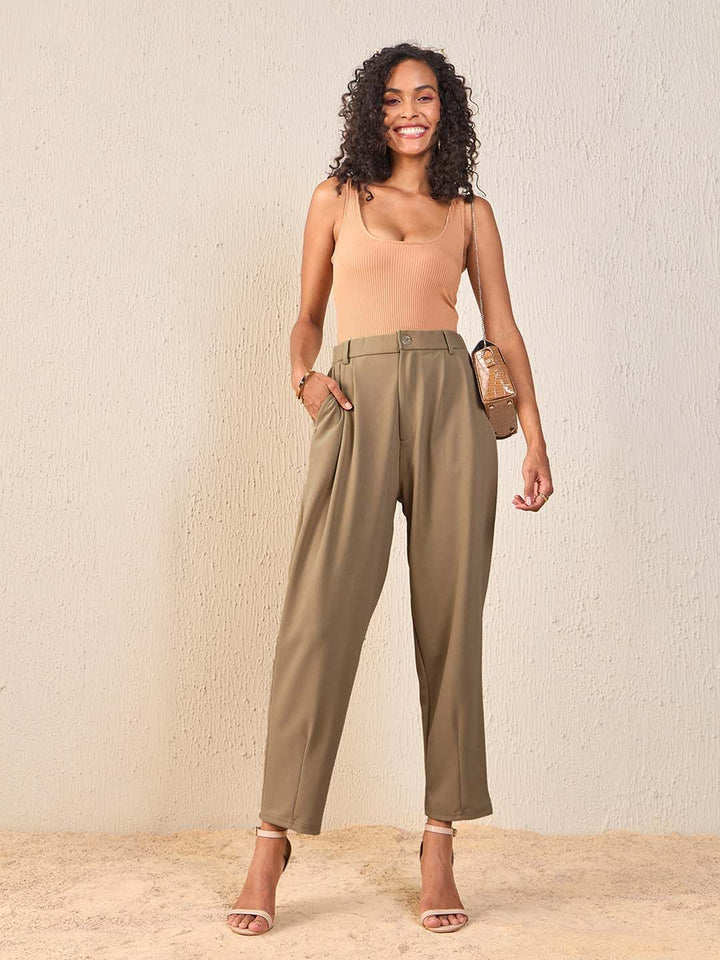 SASSAFRAS Women Beige Tapered Fit High-Rise Peg Trousers