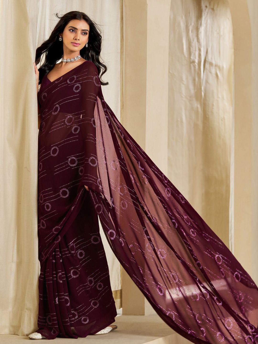 KALINI Georgette Zari Embellished Party Wear Saree With Unstitched Blouse Piece