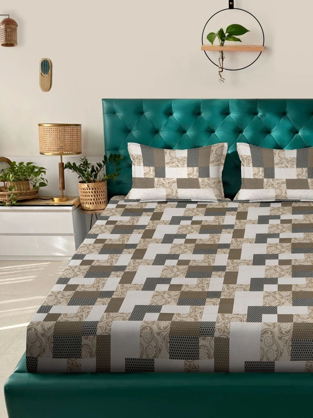 Moda Rapido X KLOTTHE Multicoloured Geometric 400 TC King Bedsheet with 2 Pillow Covers