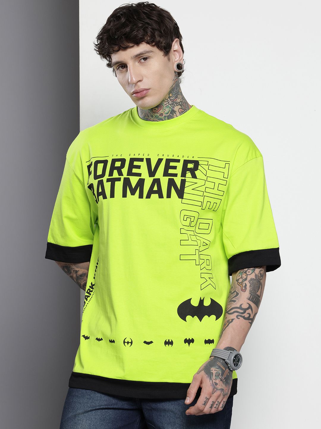 The Indian Garage Co Pure Cotton Batman Printed Drop-Shoulder Sleeves Oversized T-shirt