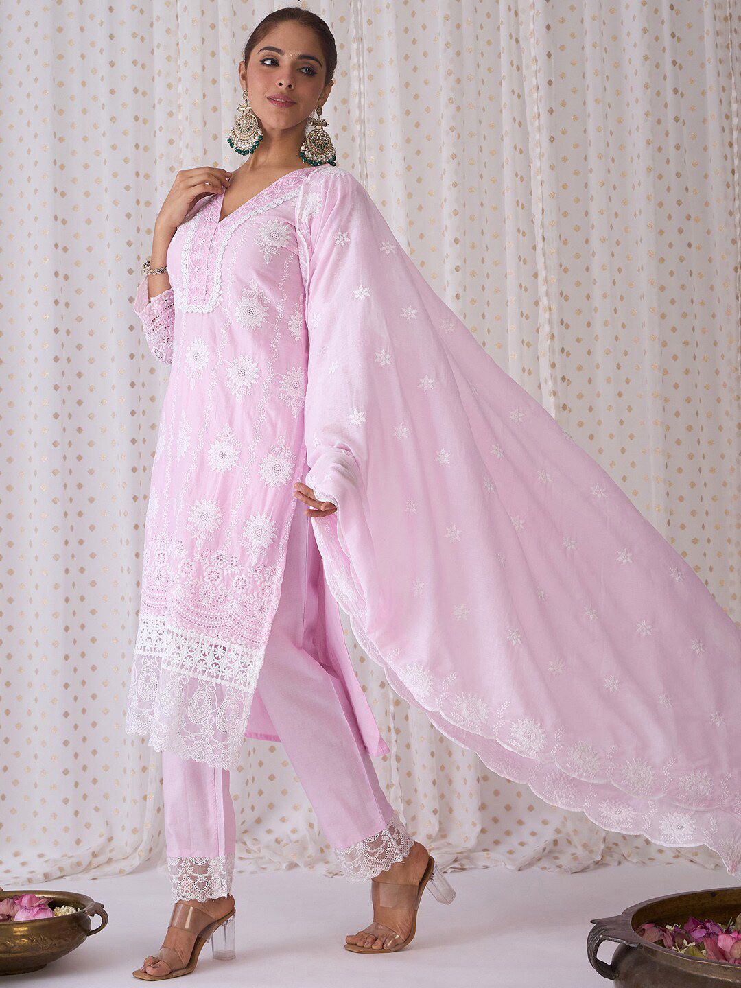 Indo Era V Neck Floral Embroidered Pure Cotton Kurta with Trouser & Dupatta